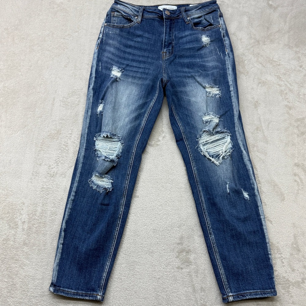 Risen Jeans Distressed Denim Jeans Women's 7/28‎ Blue Ripped Slim Stretch Denim
